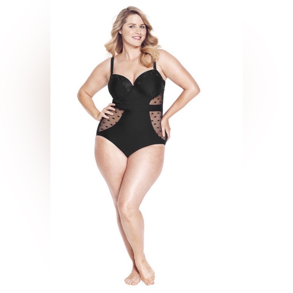 Swimsuits For All Black One-Piece Swimwear with Sheer Polka Dot Panels